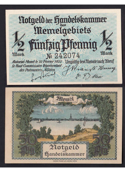 GERMANIA Notgeld 1922 50 Pfennig 1/2 Mark  "Memel" Fior di Stampa